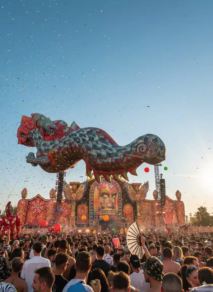 Main stage de elrow Town Marbella 2025 Escenario principal de elrow Town Marbella 2025 visto desde el público, confeti y luces en el Recinto Ferial de San Pedro Alcántara.