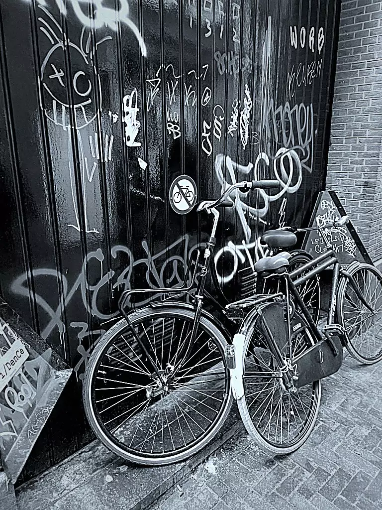 Bicicletas aparcadas frente a una pegatina de prohibido aparcar, demostrando la filosofía del fanzine cultural.