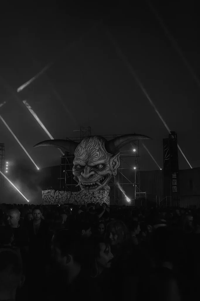 Escenario de elrow con un demonio gigante en un festival de música electrónica y rave